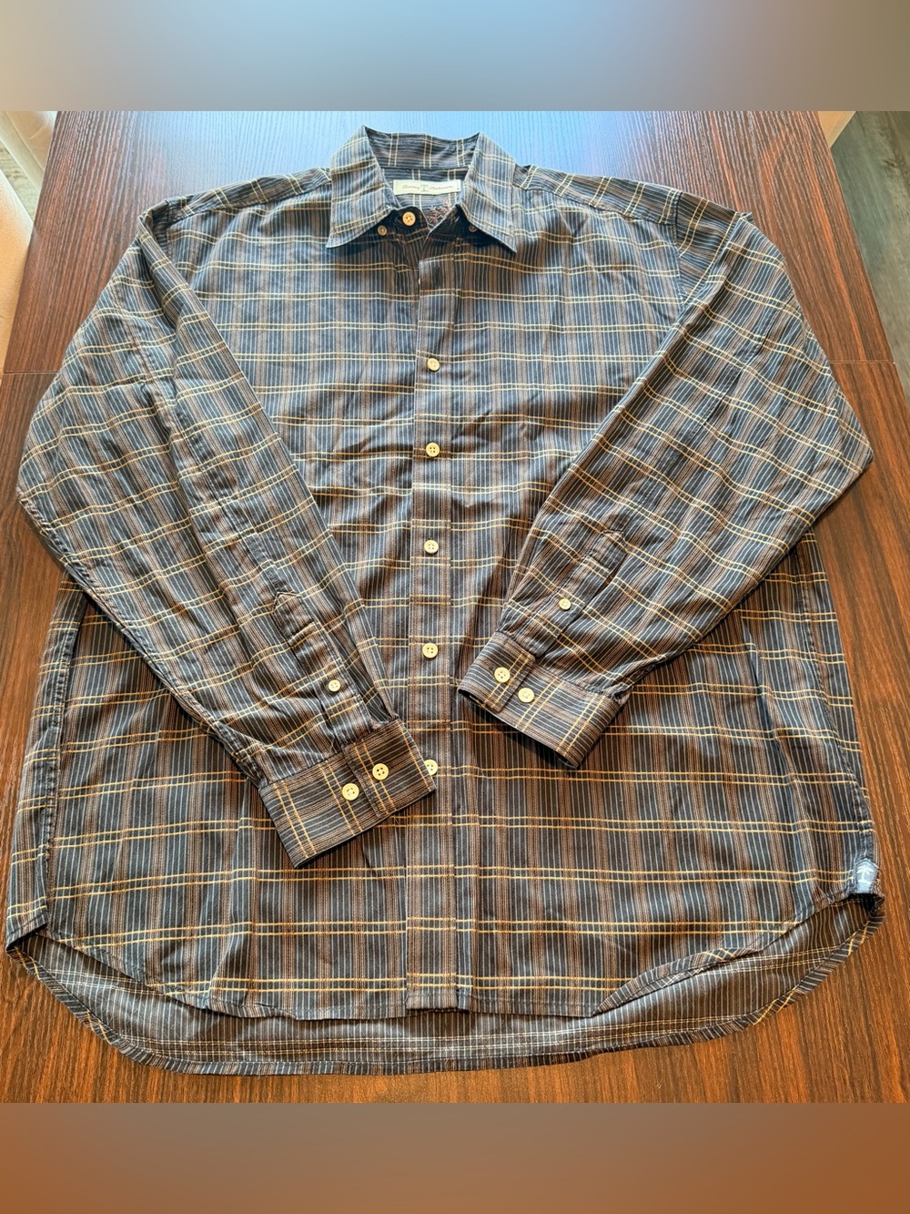 Tommy Bahama Mens Blue Brown Long Sleeve Plaid Button Down Shirt Cotton Size L